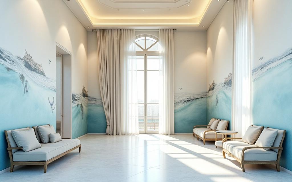 Lobby di un boutique hotel elegante nelle Cinque Terre, con carta da parati a tema marino sui toni del blu e dell'acquamarina.